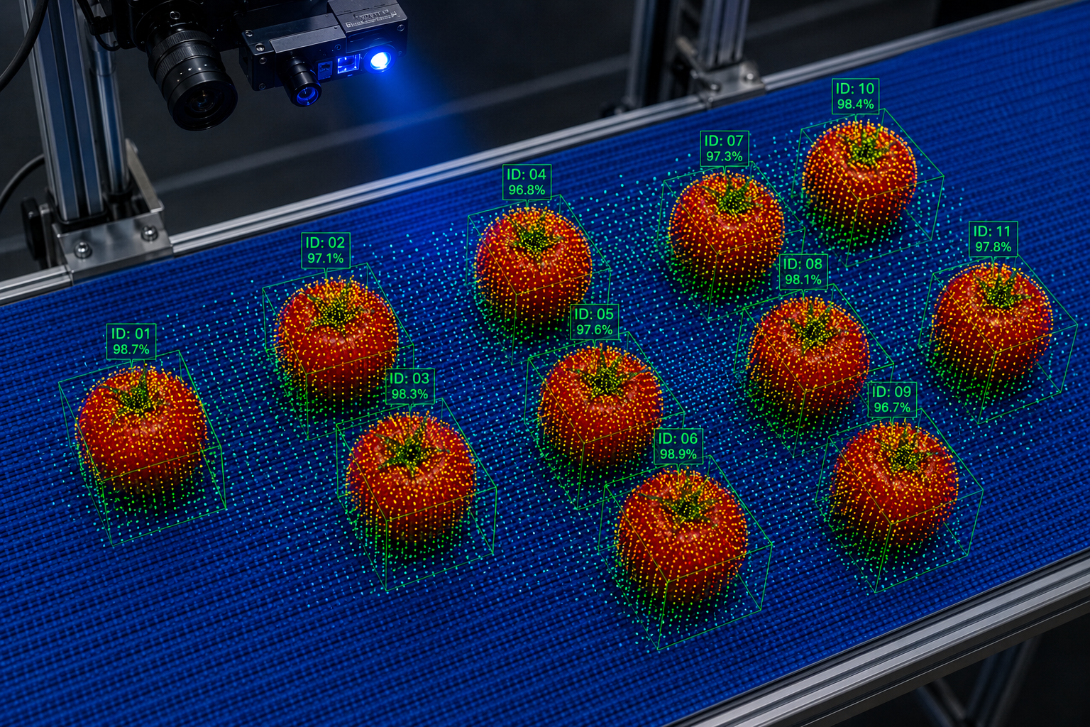 AI machine vision inspecting fresh produce on a conveyor